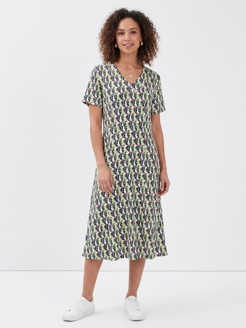Flax V-Neck Short Sleeve Printed Midi Dress - Multi Green & Navy Size Small
